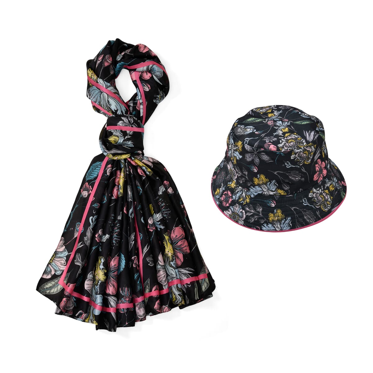 Black Floral Matching Digitally Printed Polyester Bucket Hat and Scarf Set image number 0