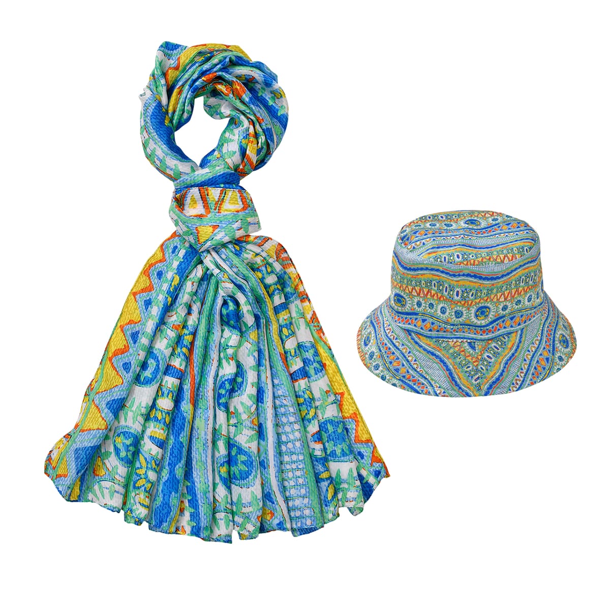 Multi Tile Matching Digitally Printed Polyester Bucket Hat and Scarf Set image number 0
