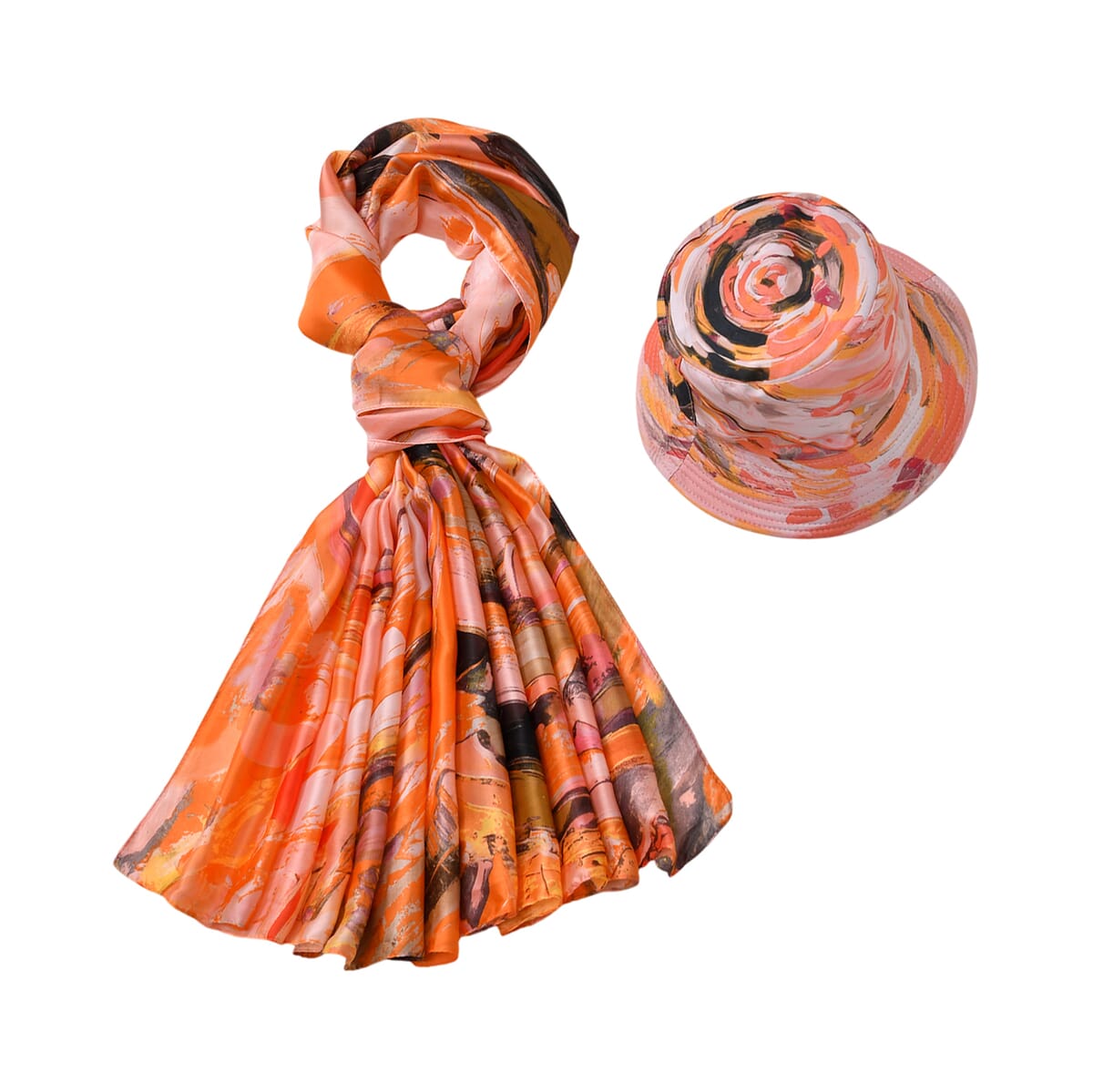 Orange Swirl Matching Digitally Printed Polyester Bucket Hat and Scarf Set image number 0