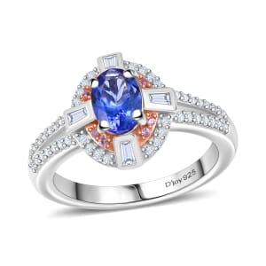 AAA Tanzanite and Multi Gemstone 1.20 ctw Art Deco Ring in 14K Rose Gold and Rhodium Over Sterling Silver (Size 7.0)