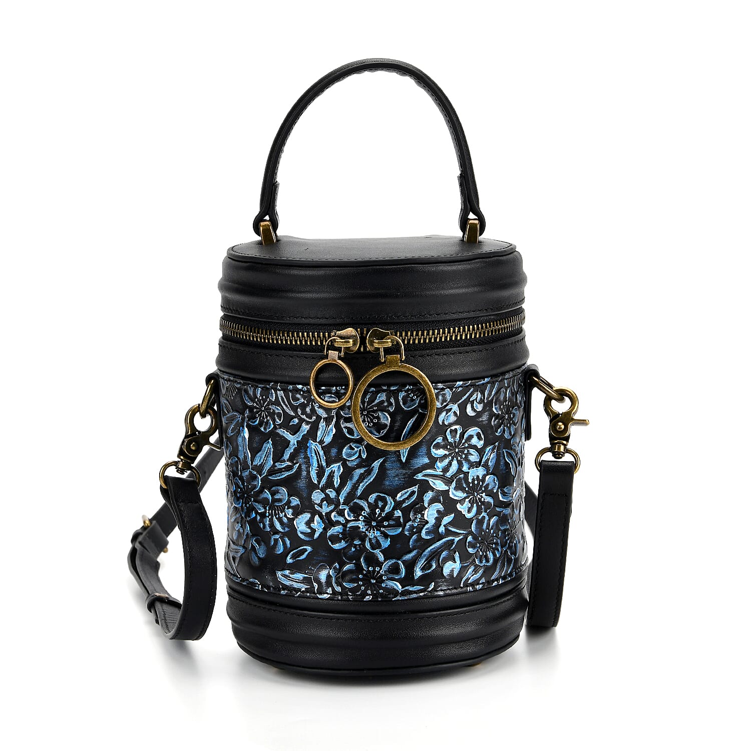 Grand Pelle Navy Plum Blossom Embossed Genuine Leather Cylinder Crossbody Bag with Shoulder Strap