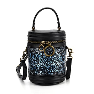 Grand Pelle Navy Plum Blossom Embossed Genuine Leather Cylinder Crossbody Bag  with Shoulder Strap