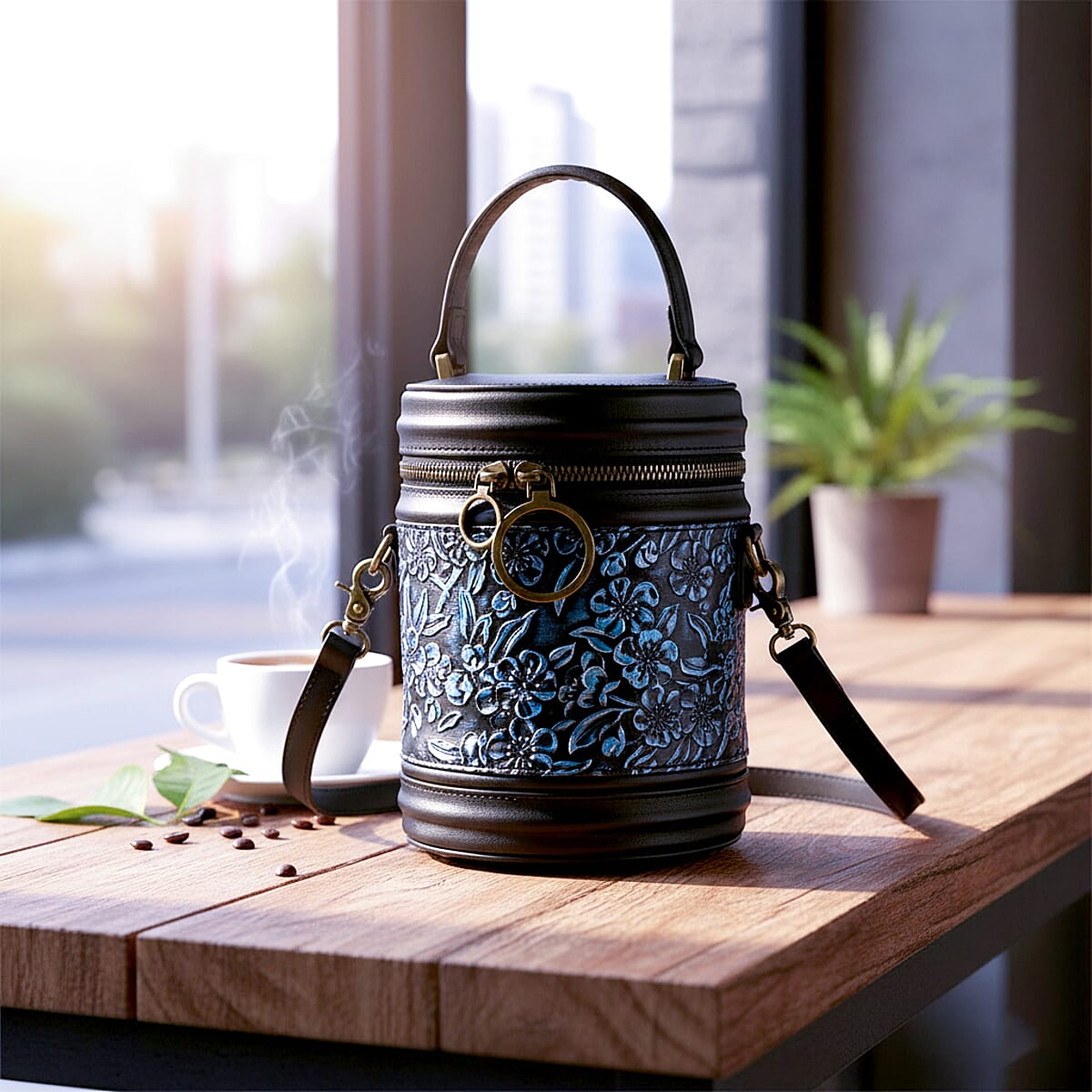 Grand Pelle Navy Plum Blossom Embossed Genuine Leather Cylinder Crossbody Bag with Shoulder Strap image number 1