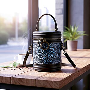 Grand Pelle Navy Plum Blossom Embossed Genuine Leather Cylinder Crossbody Bag  with Shoulder Strap