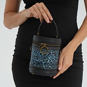 Grand Pelle Navy Plum Blossom Embossed Genuine Leather Cylinder Crossbody Bag  with Shoulder Strap