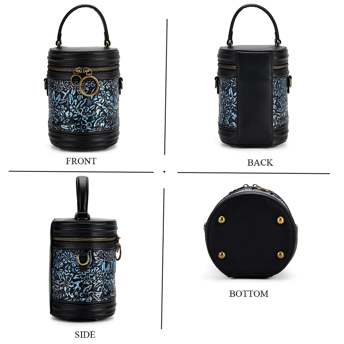 Grand Pelle Navy Plum Blossom Embossed Genuine Leather Cylinder Crossbody Bag with Shoulder Strap image number 4