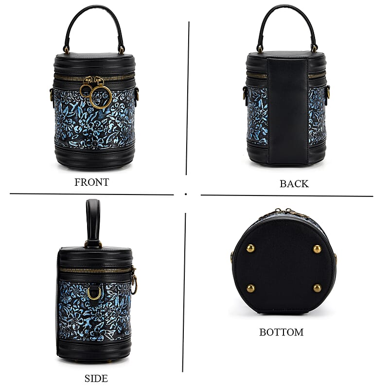Grand Pelle Navy Plum Blossom Embossed Genuine Leather Cylinder Crossbody Bag  with Shoulder Strap