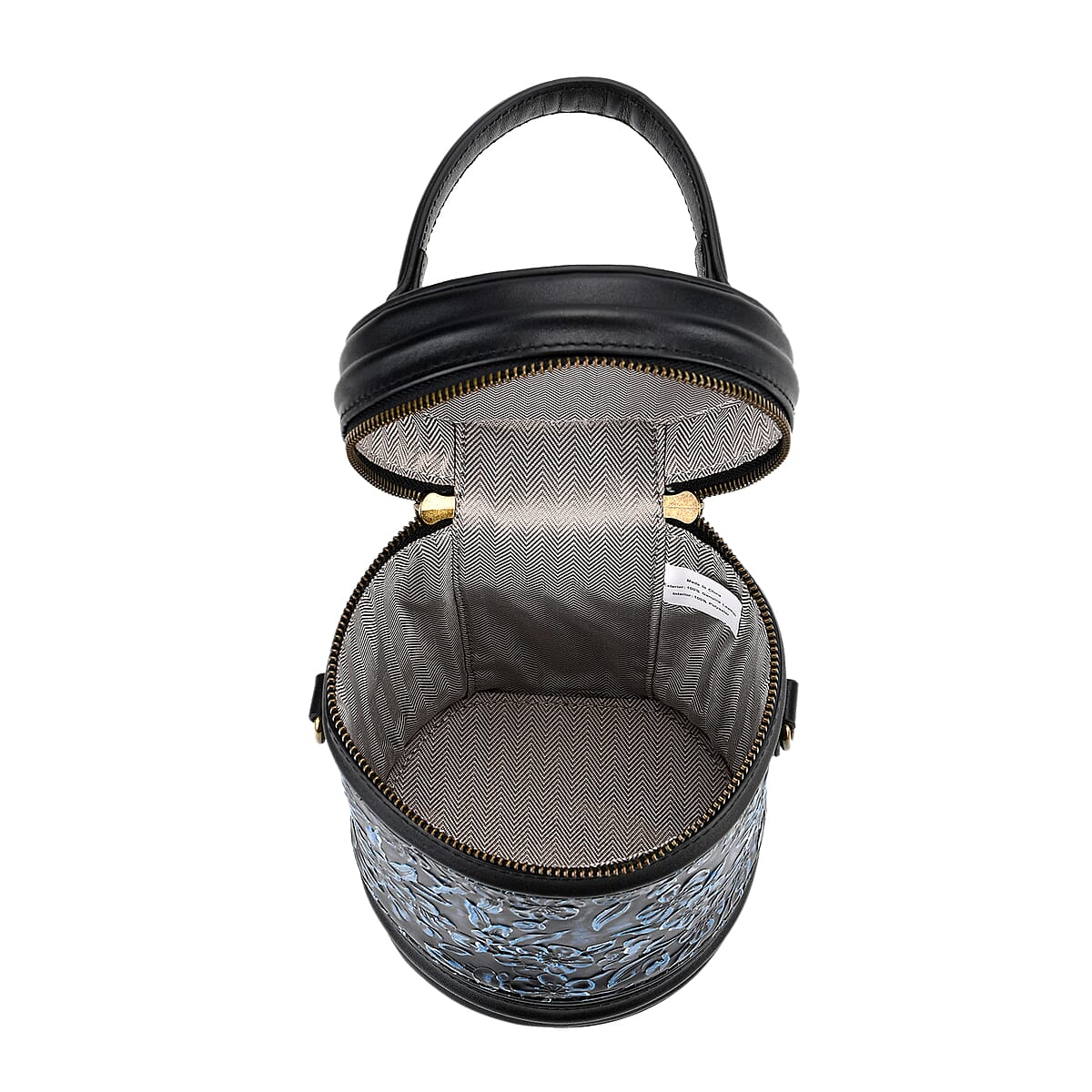 Grand Pelle Navy Plum Blossom Embossed Genuine Leather Cylinder Crossbody Bag with Shoulder Strap image number 5