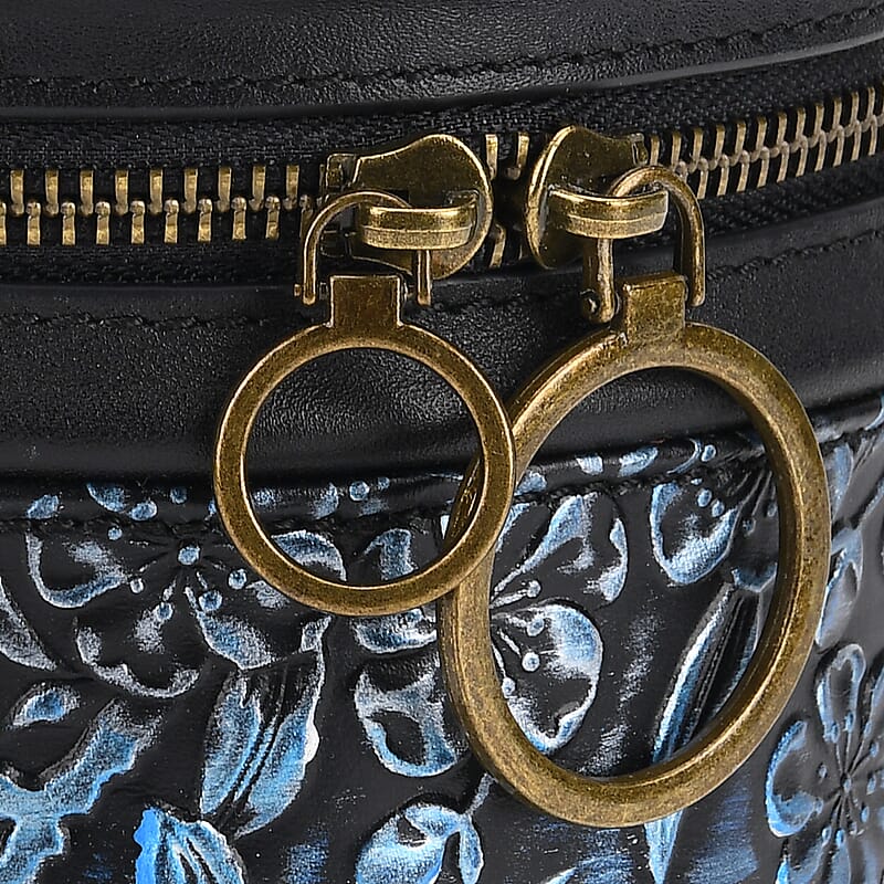 Grand Pelle Navy Plum Blossom Embossed Genuine Leather Cylinder Crossbody Bag  with Shoulder Strap