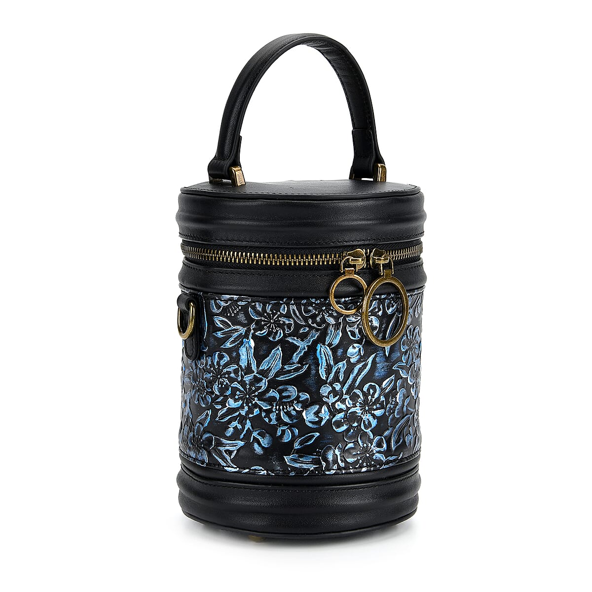 Grand Pelle Navy Plum Blossom Embossed Genuine Leather Cylinder Crossbody Bag with Shoulder Strap image number 7