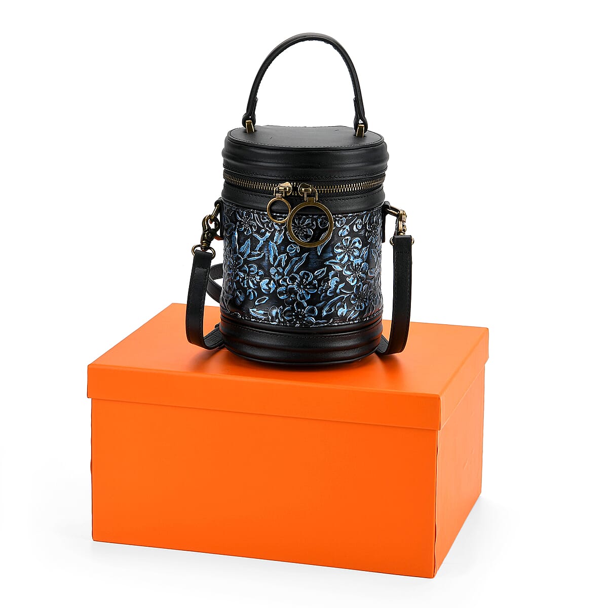 Grand Pelle Navy Plum Blossom Embossed Genuine Leather Cylinder Crossbody Bag with Shoulder Strap image number 8