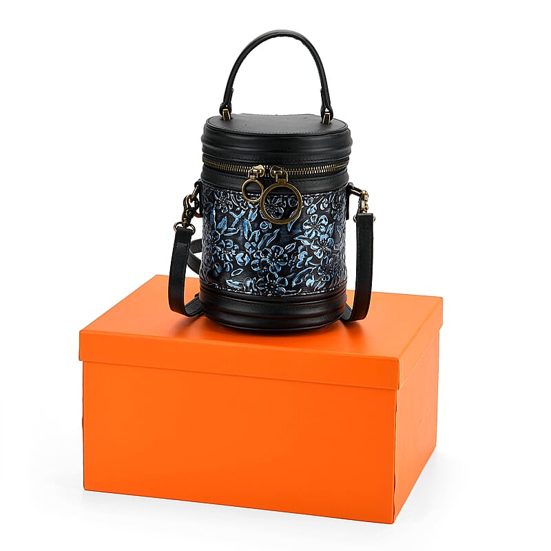 Grand Pelle Navy Plum Blossom Embossed Genuine Leather Cylinder Crossbody Bag  with Shoulder Strap