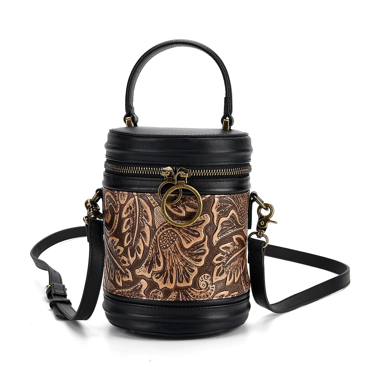 Grand Pelle Navy Leaves Embossed Genuine Leather Cylinder Crossbody Bag with Shoulder Strap image number 0