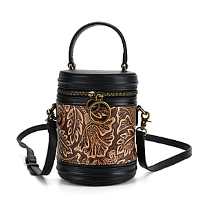 Grand Pelle Navy Leaves Embossed Genuine Leather Cylinder Crossbody Bag with Shoulder Strap