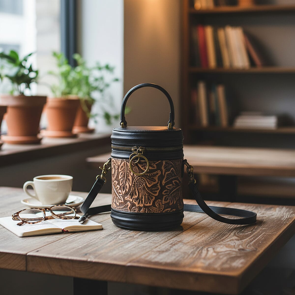 Grand Pelle Navy Leaves Embossed Genuine Leather Cylinder Crossbody Bag with Shoulder Strap image number 1