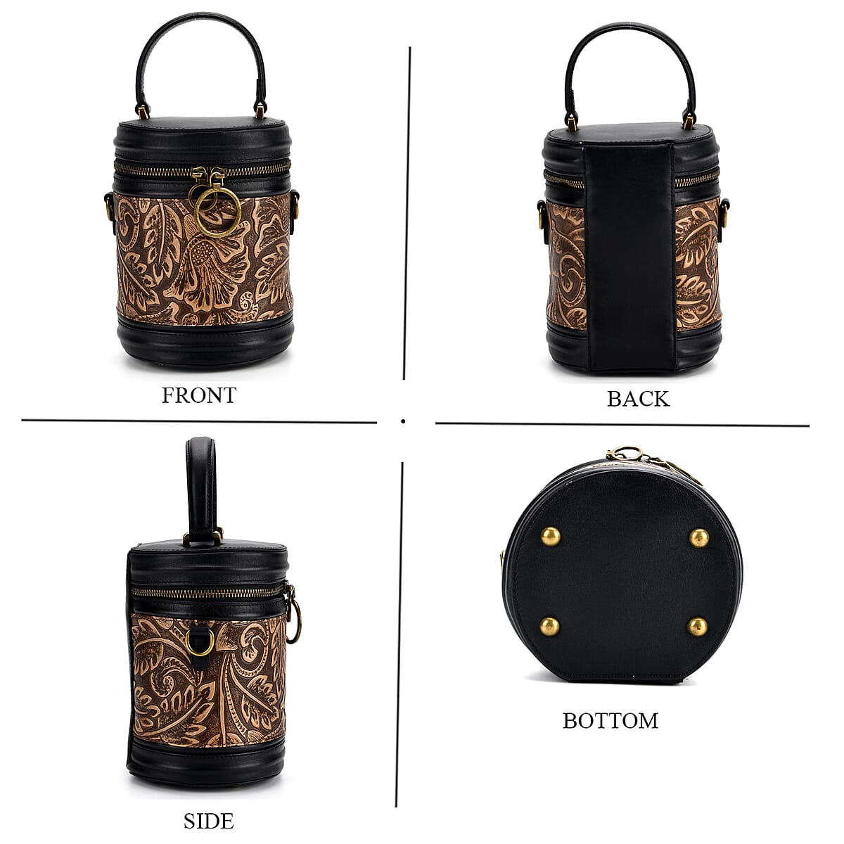 Grand Pelle Navy Leaves Embossed Genuine Leather Cylinder Crossbody Bag with Shoulder Strap image number 4