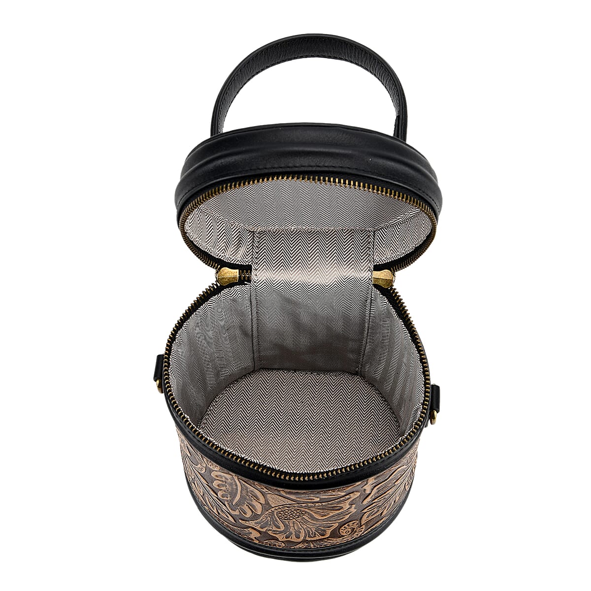 Grand Pelle Navy Leaves Embossed Genuine Leather Cylinder Crossbody Bag with Shoulder Strap image number 5