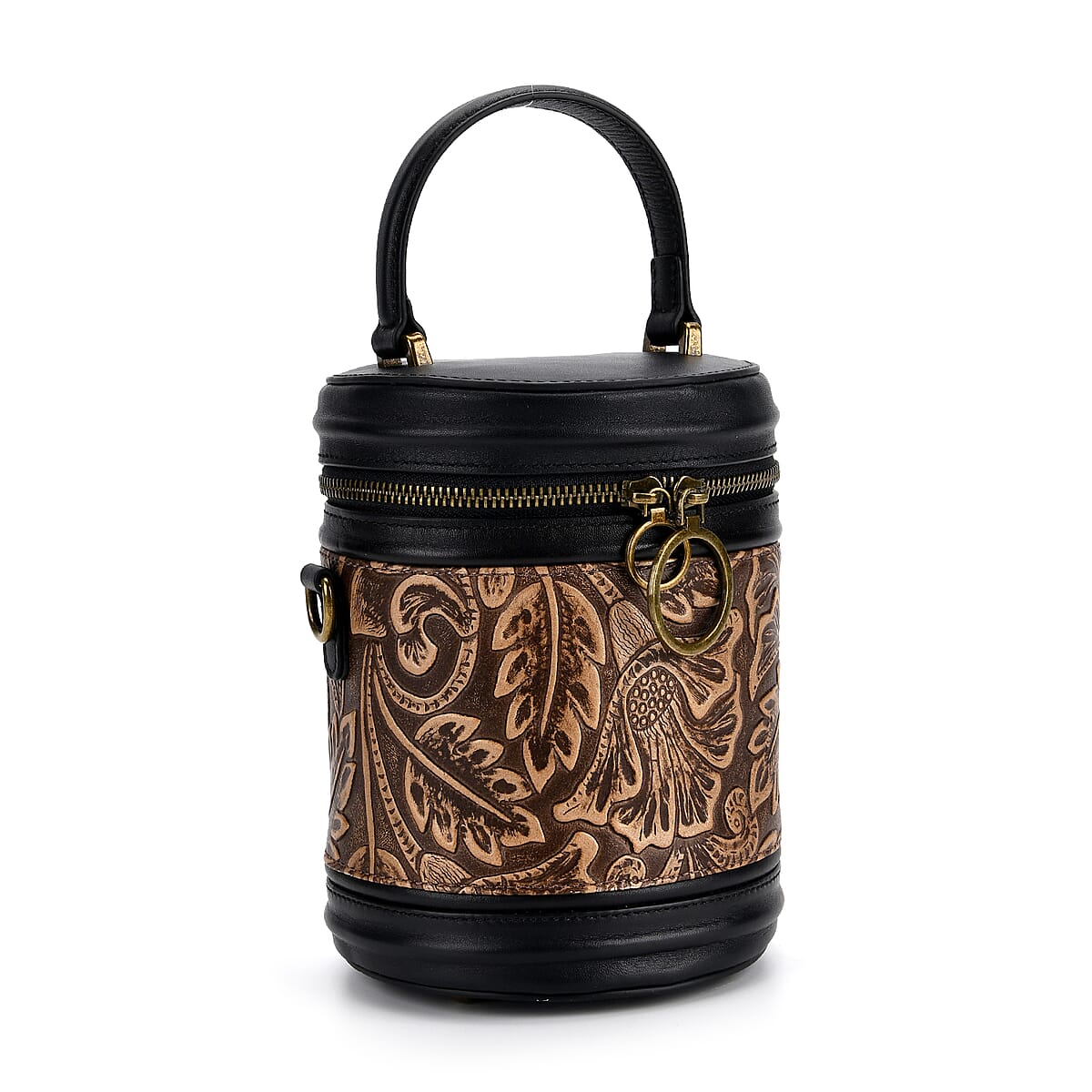 Grand Pelle Navy Leaves Embossed Genuine Leather Cylinder Crossbody Bag with Shoulder Strap image number 7