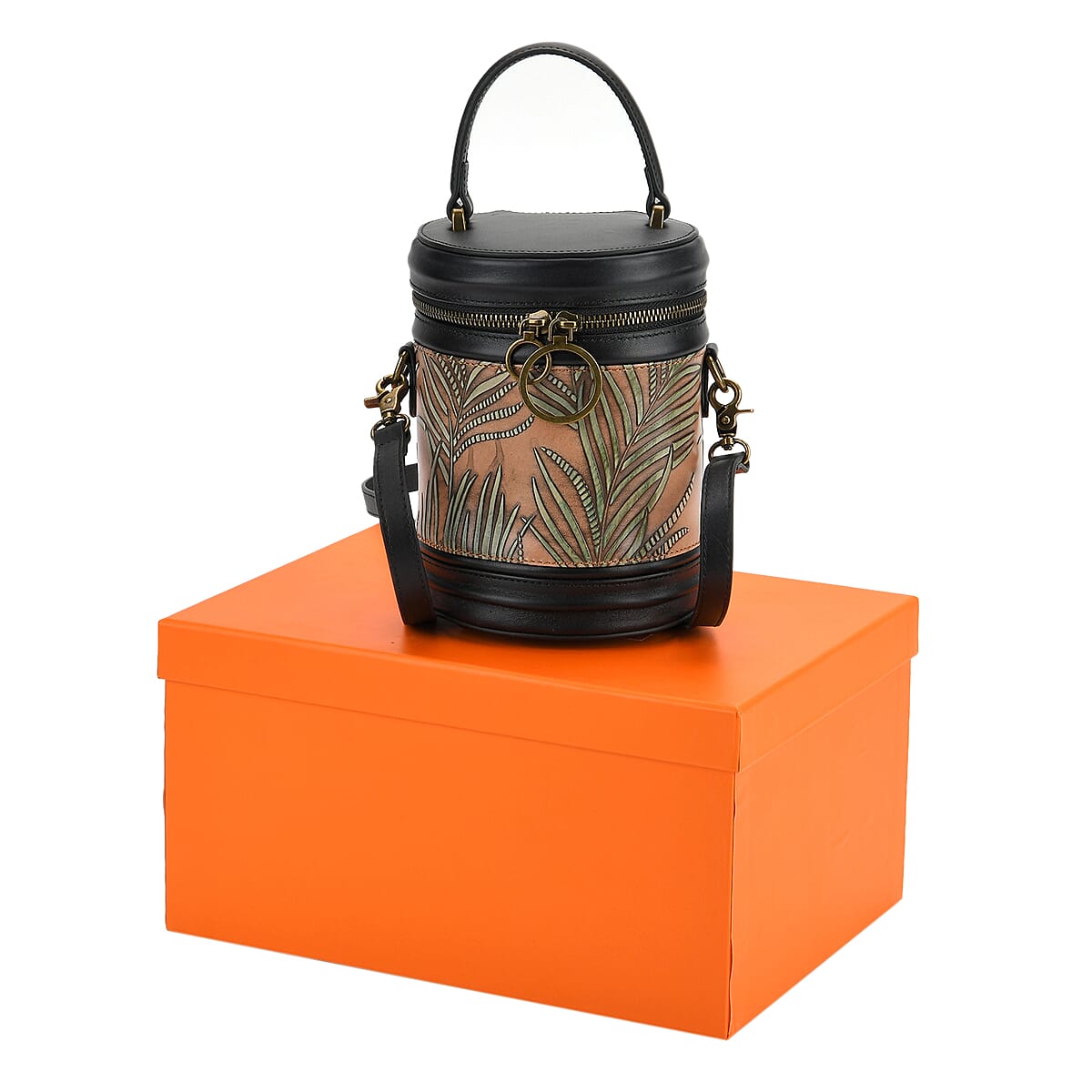 Grand Pelle Navy Leaves Embossed Genuine Leather Cylinder Crossbody Bag with Shoulder Strap image number 8