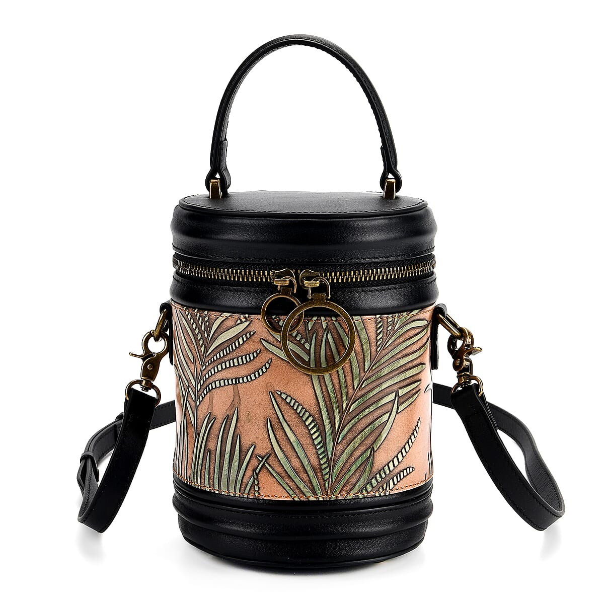 Grand Pelle Navy Areca Palm Leaf Embossed Genuine Leather Cylinder Crossbody Bag with Shoulder Strap image number 0