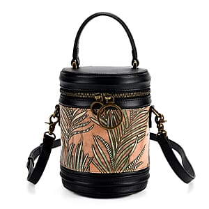 Grand Pelle Navy Areca Palm Leaf Embossed Genuine Leather Cylinder Crossbody Bag with Shoulder Strap