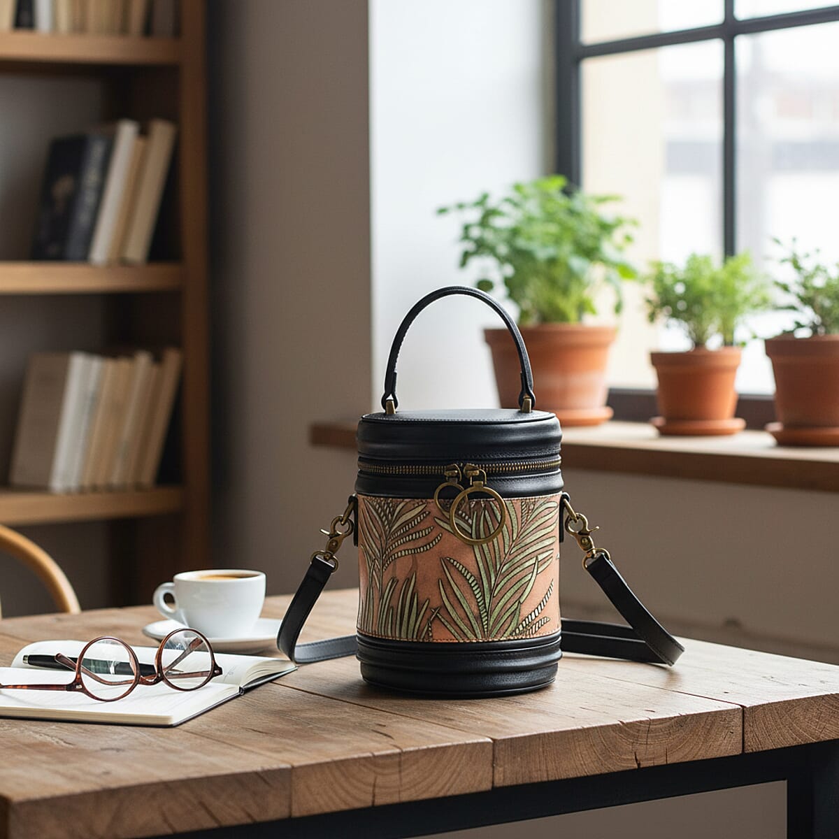 Grand Pelle Navy Areca Palm Leaf Embossed Genuine Leather Cylinder Crossbody Bag with Shoulder Strap image number 1