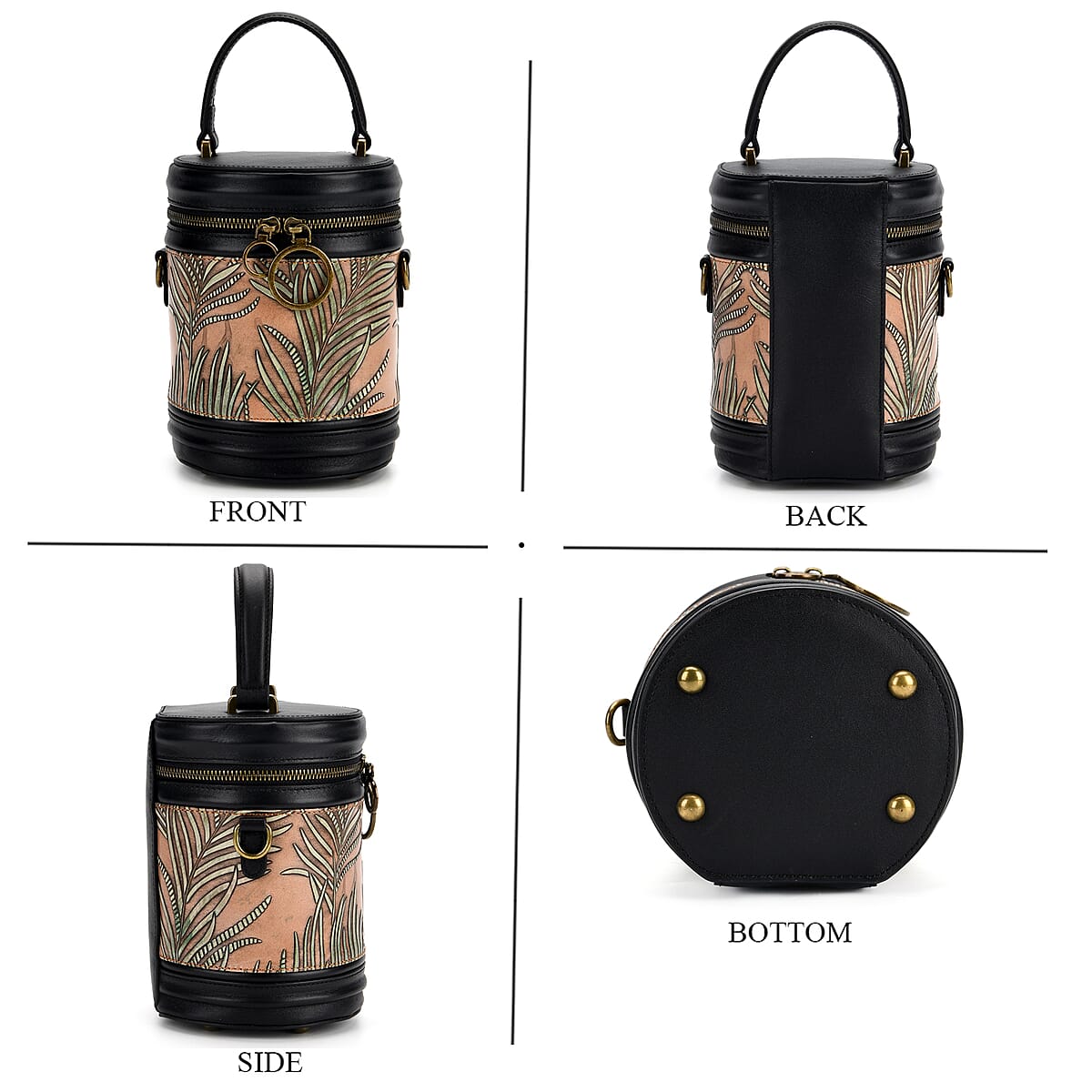 Grand Pelle Navy Areca Palm Leaf Embossed Genuine Leather Cylinder Crossbody Bag with Shoulder Strap image number 4