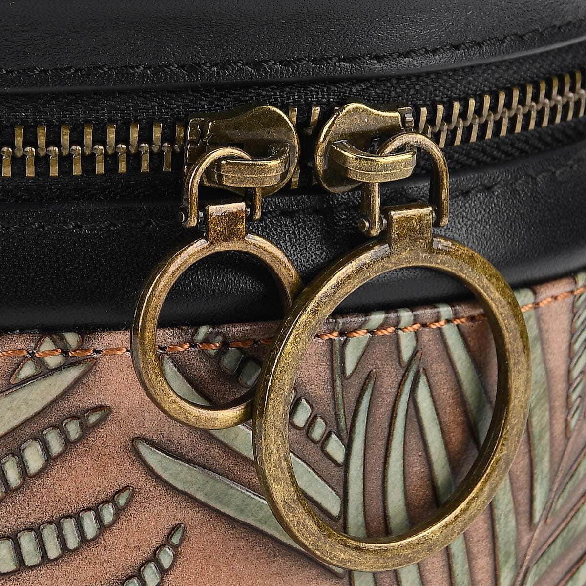 Grand Pelle Navy Areca Palm Leaf Embossed Genuine Leather Cylinder Crossbody Bag with Shoulder Strap image number 6