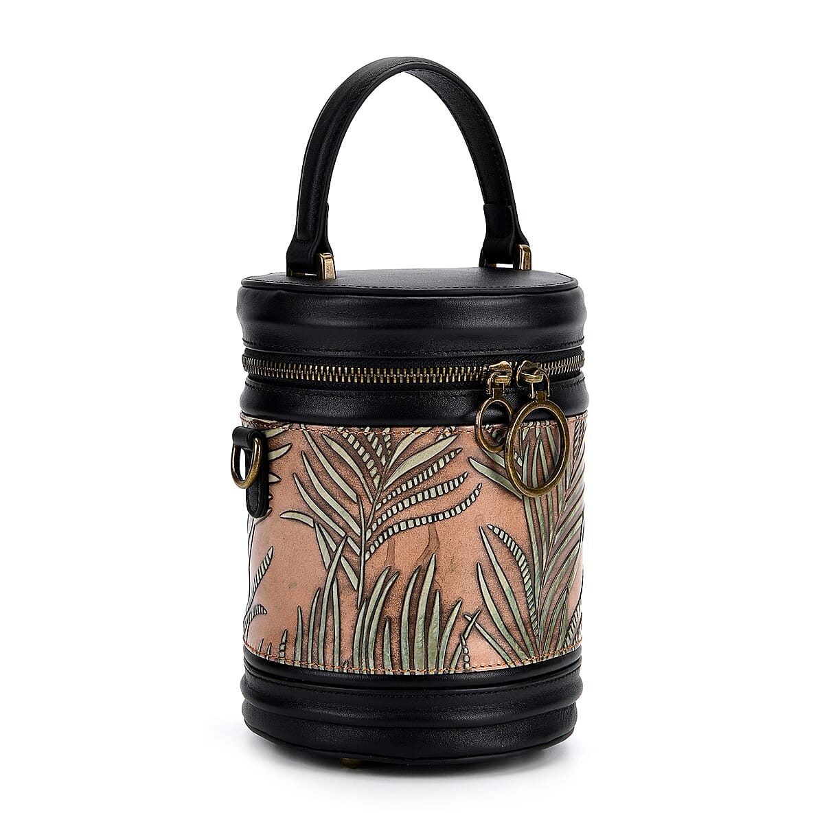 Grand Pelle Navy Areca Palm Leaf Embossed Genuine Leather Cylinder Crossbody Bag with Shoulder Strap image number 7