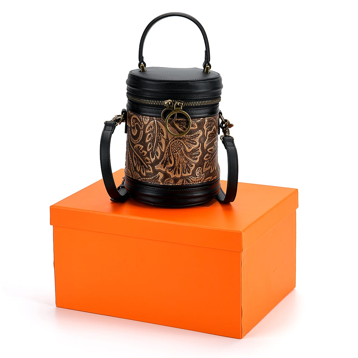 Grand Pelle Navy Areca Palm Leaf Embossed Genuine Leather Cylinder Crossbody Bag with Shoulder Strap image number 8