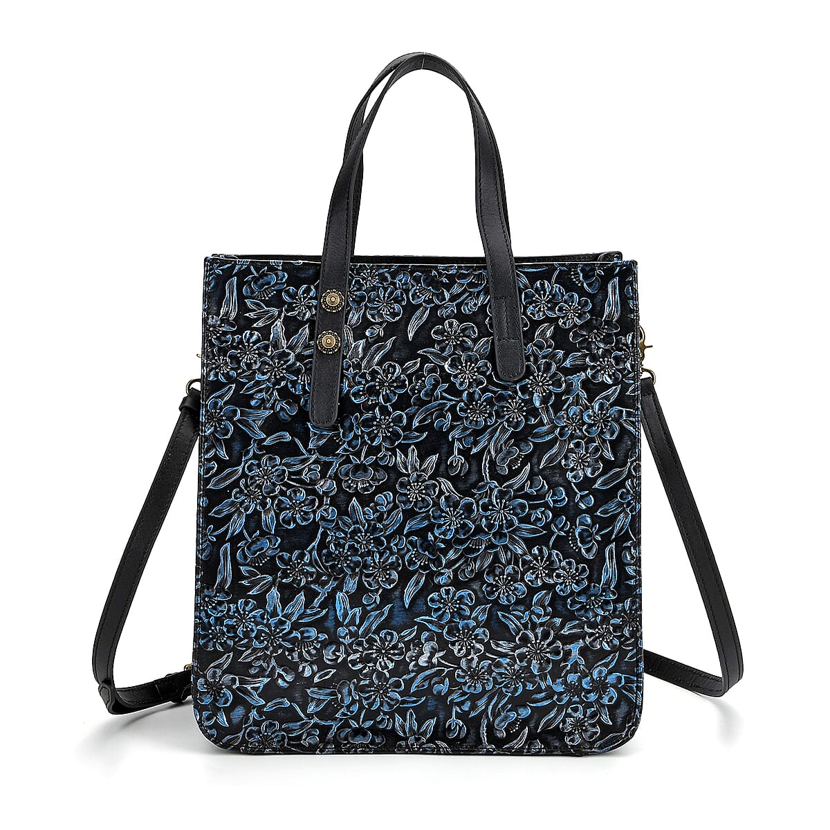 Grand Pelle Navy Plum Blossom Embossed Genuine Leather Rectangular Bag with Shoulder Strap image number 0