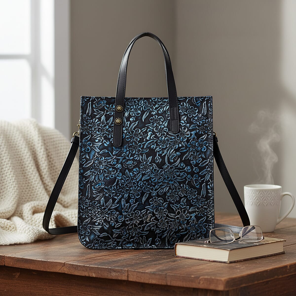 Grand Pelle Navy Plum Blossom Embossed Genuine Leather Rectangular Bag with Shoulder Strap image number 1