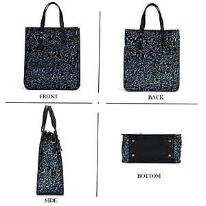 Grand Pelle Navy Plum Blossom Embossed Genuine Leather Rectangular Bag with Shoulder Strap