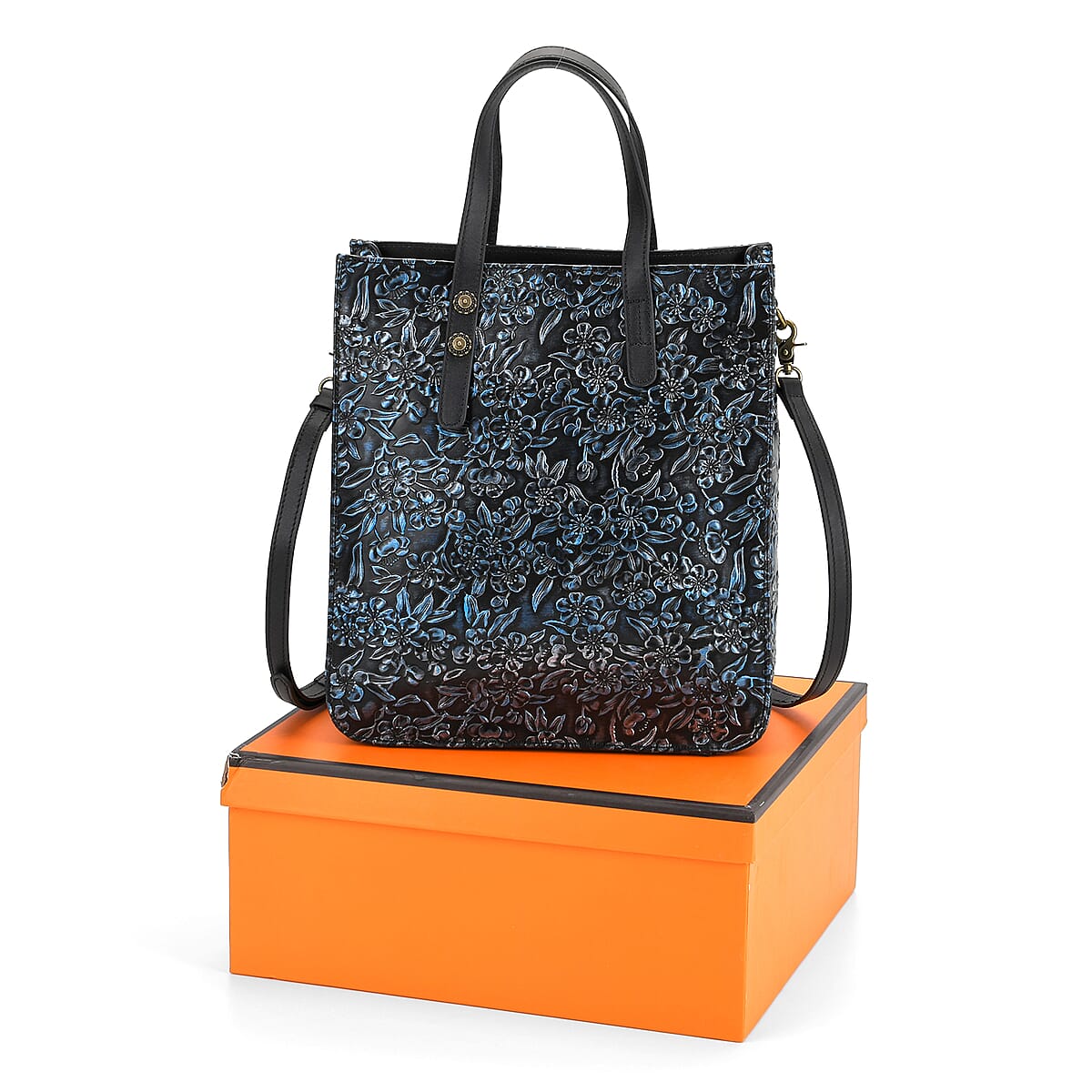 Grand Pelle Navy Plum Blossom Embossed Genuine Leather Rectangular Bag with Shoulder Strap image number 6