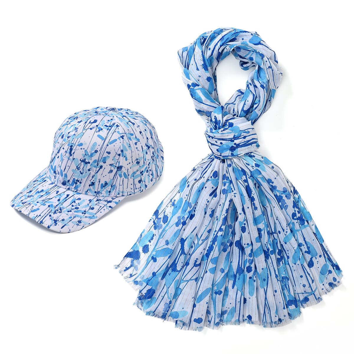 Set of 2, Blue Floral Pattern Scarf and Cap image number 0