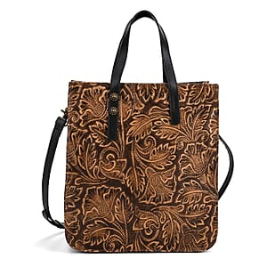 Grand Pelle Black Leaves Embossed Genuine Leather Rectangular Bag with Shoulder Strap