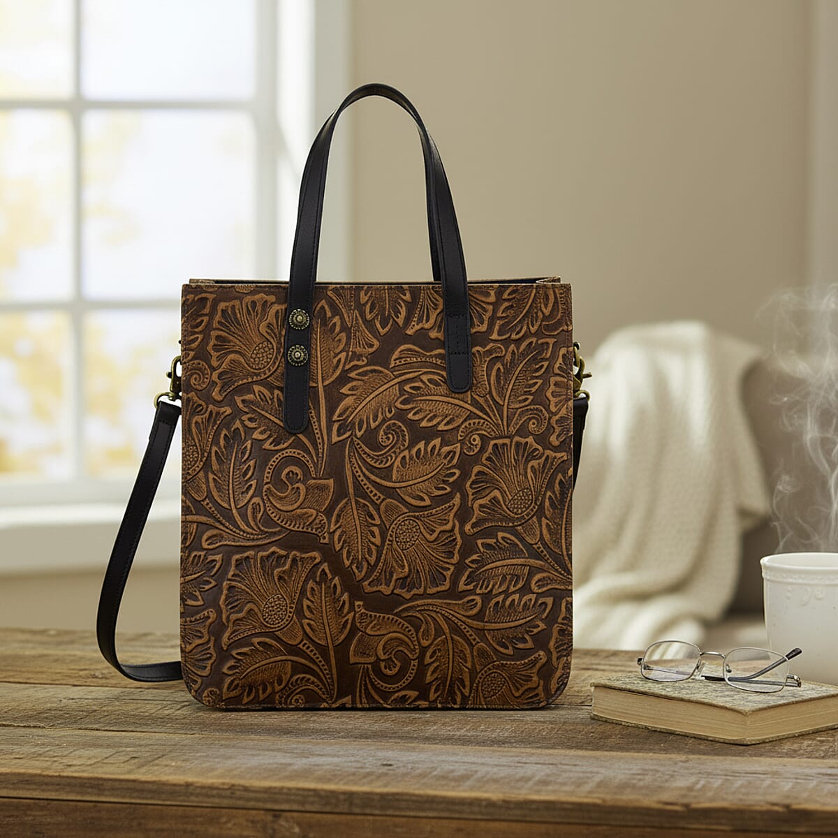 Grand Pelle Black Leaves Embossed Genuine Leather Rectangular Bag with Shoulder Strap image number 1