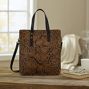 Grand Pelle Black Leaves Embossed Genuine Leather Rectangular Bag with Shoulder Strap