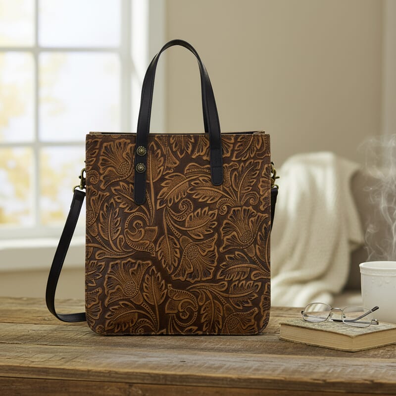 Grand Pelle Black Leaves Embossed Genuine Leather Rectangular Bag with Shoulder Strap
