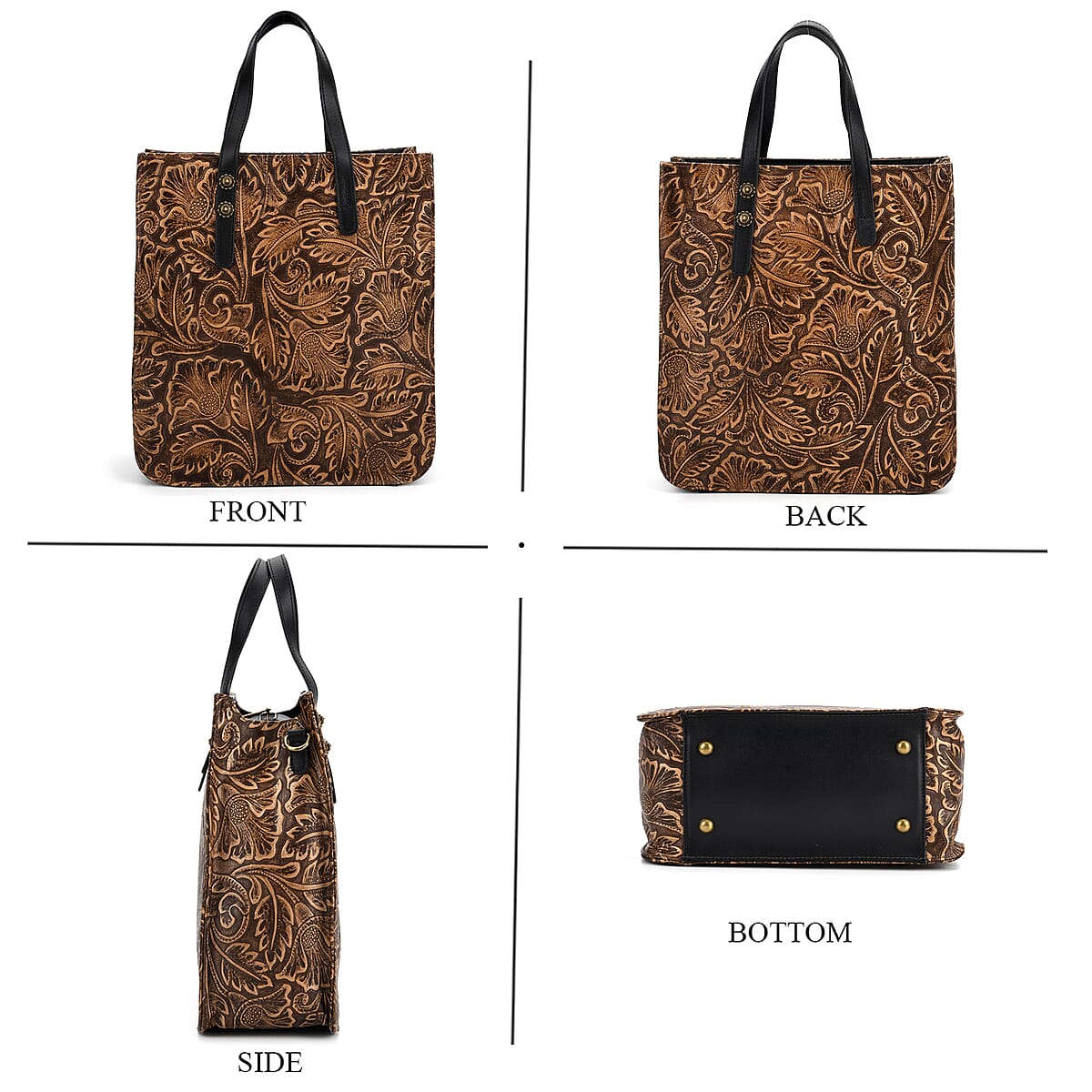 Grand Pelle Black Leaves Embossed Genuine Leather Rectangular Bag with Shoulder Strap image number 2