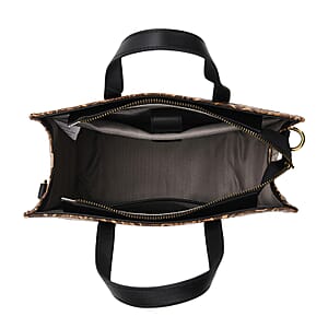 Grand Pelle Black Leaves Embossed Genuine Leather Rectangular Bag with Shoulder Strap