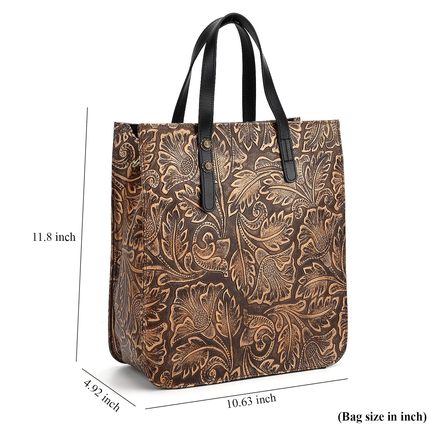 Grand Pelle Black Leaves Embossed Genuine Leather Rectangular Bag with Shoulder Strap