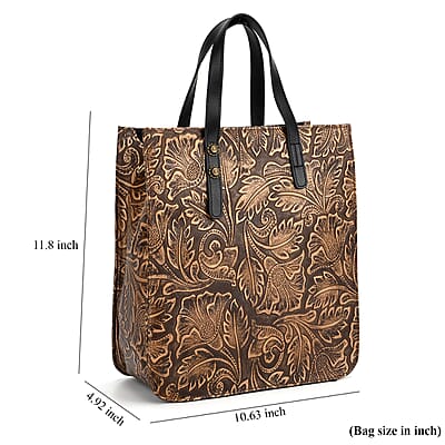 Grand Pelle Black Leaves Embossed Genuine Leather Rectangular Bag with Shoulder Strap