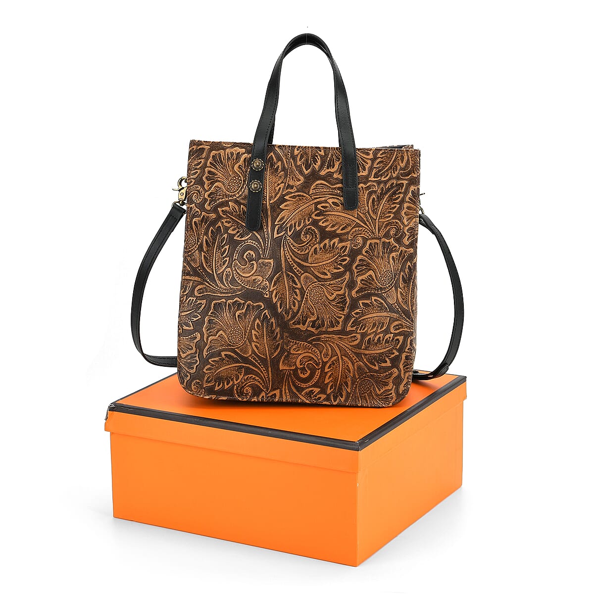 Grand Pelle Black Leaves Embossed Genuine Leather Rectangular Bag with Shoulder Strap image number 6