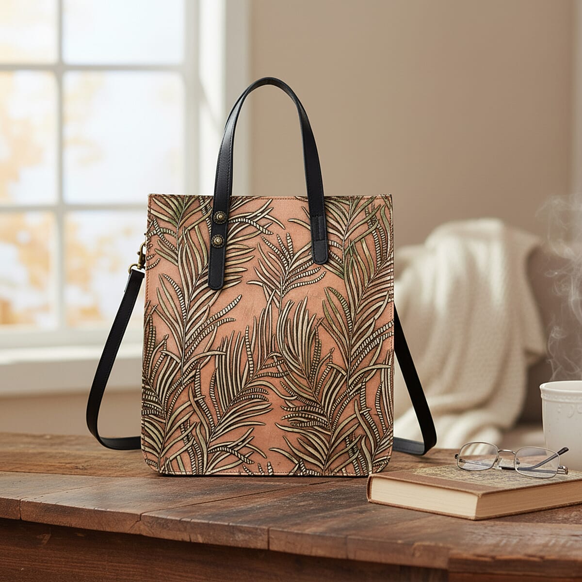Grand Pelle Black Areca Palm Leaf Embossed Genuine Leather Rectangular Bag with Shoulder Strap image number 1