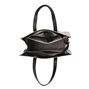 Grand Pelle Black Areca Palm Leaf Embossed Genuine Leather Rectangular Bag with Shoulder Strap