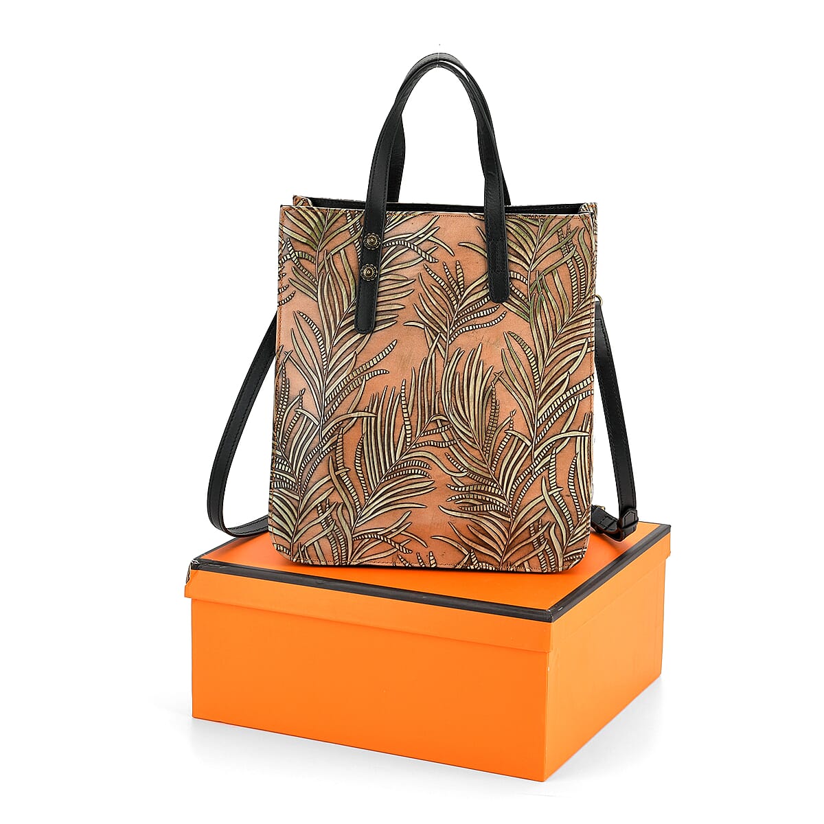 Grand Pelle Black Areca Palm Leaf Embossed Genuine Leather Rectangular Bag with Shoulder Strap image number 6