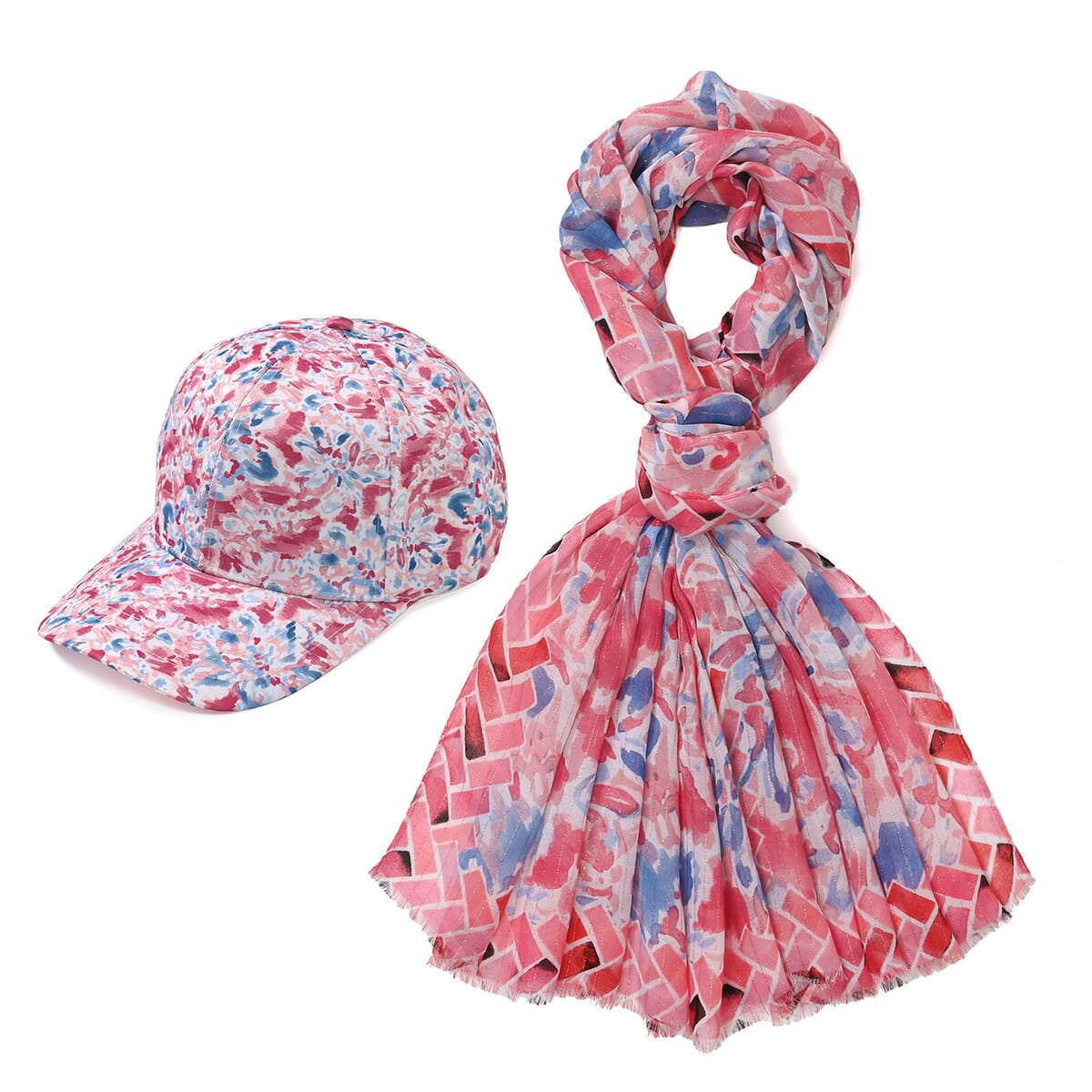 Set of 2, Red Floral Pattern Scarf and Cap image number 0