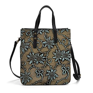 Grand Pelle Black Flower Vine Embossed Genuine Leather Rectangular Bag with Shoulder Strap