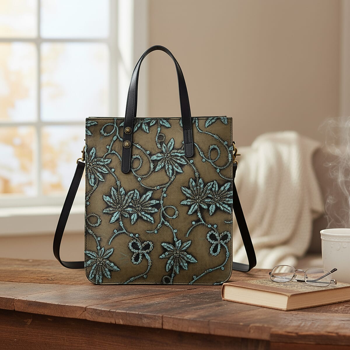 Grand Pelle Black Flower Vine Embossed Genuine Leather Rectangular Bag with Shoulder Strap image number 1